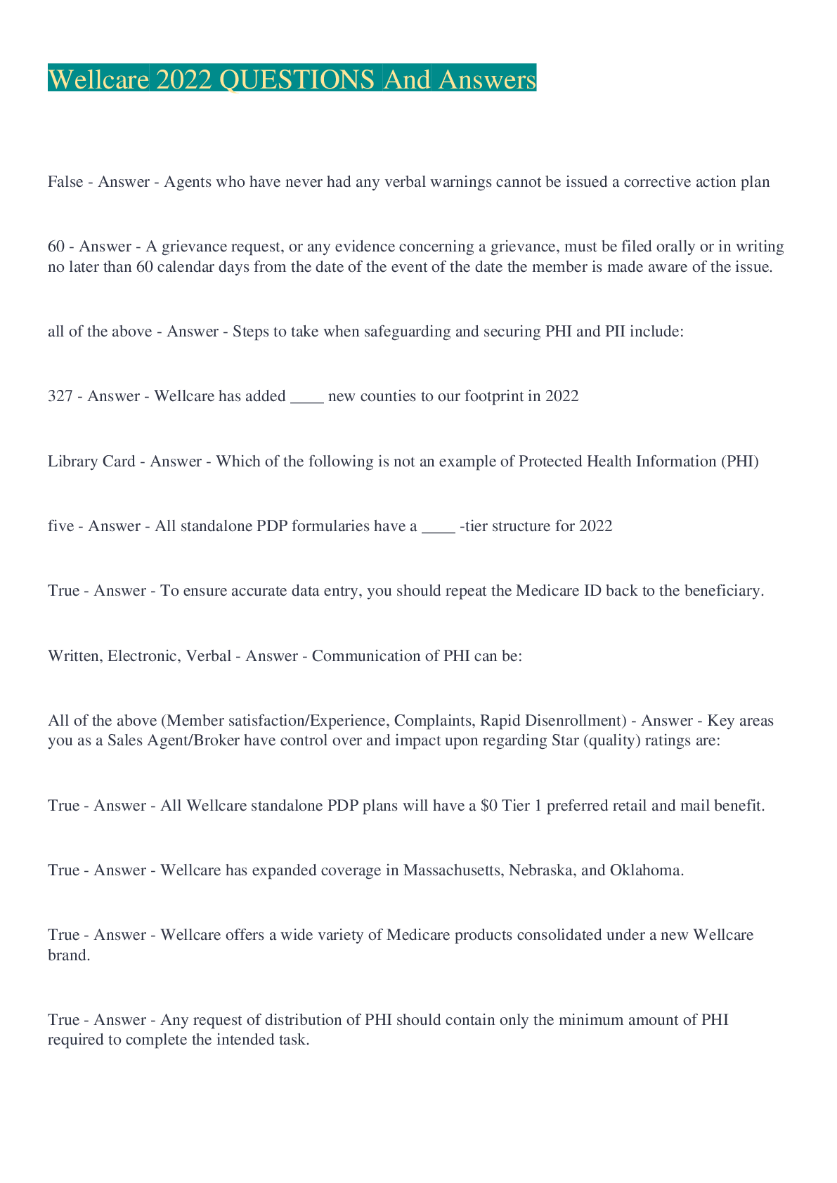 Preview of Wellcare 2022 QUESTIONS And Answers